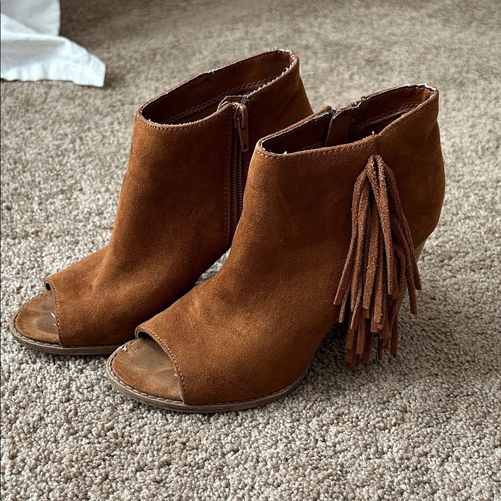 Express Brown Suede Open Toe Bootie with Fringe